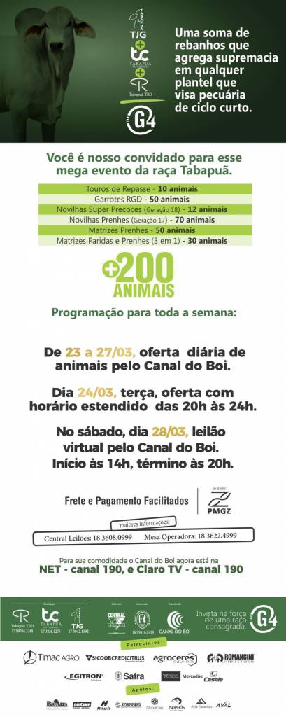 Canal do Boi transmite De Olho na Fazenda TAB G4 nesta semana