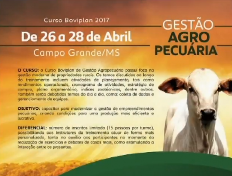 Campo Grande sedia curso de Gestão Agropecuária de 26 a 28 de abril