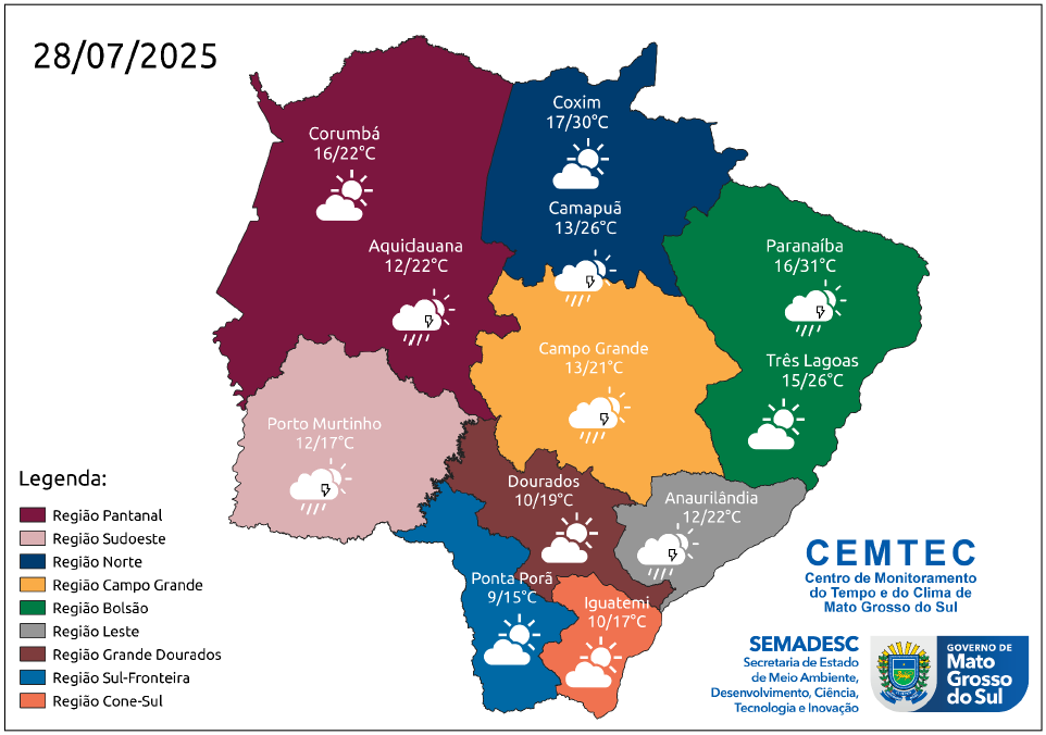 Julho termina com previsão de chuva fraca e chegada de nova frente fria no Estado