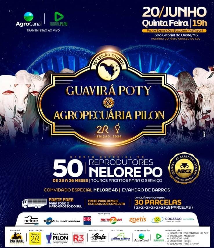 10° Leilão Touros - Guavirá Poty & Agropecuária Pilon hoje às 20h no Agro Canal 