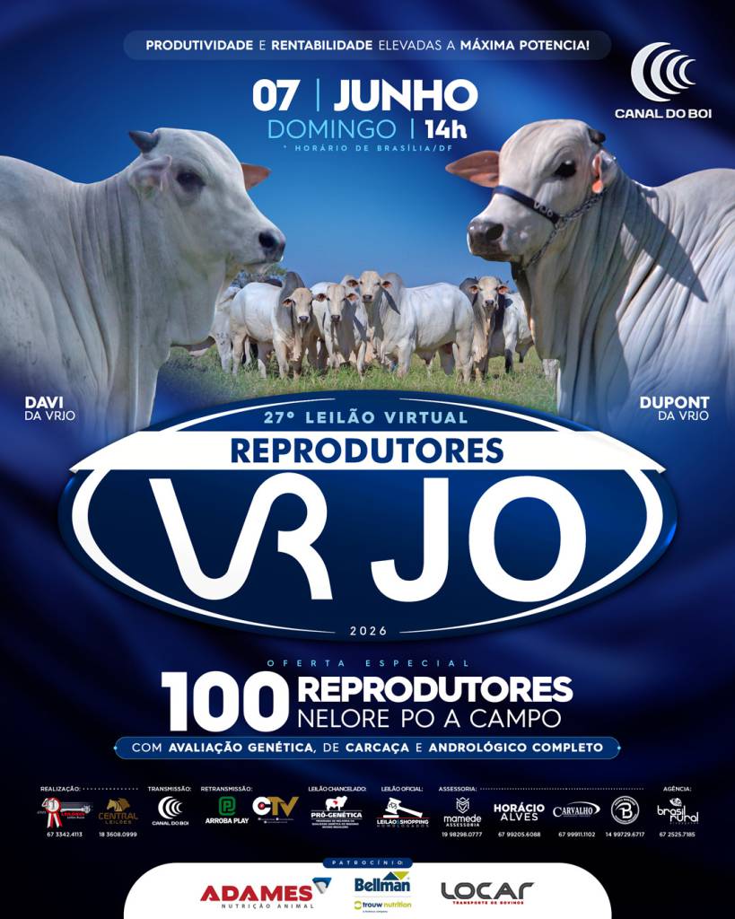 27º Leilão Virtual VRJO oferta reprodutores neste domingo no Canal do Boi