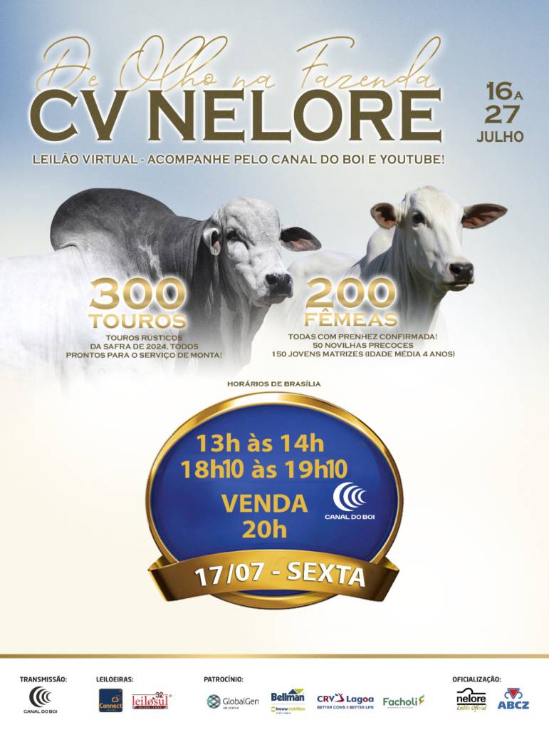 Canal do Boi transmite nesta sexta-feira venda especial do De Olho na Fazenda CV Nelore