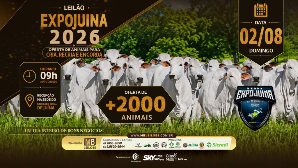 Domingo de grandes ofertas de reposição no Leilão Expojuina 2026 às 10h