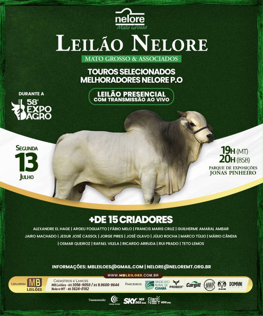 Touros melhoradores Nelore PO estarão em evidência na ExpoAgro de Cuiabá