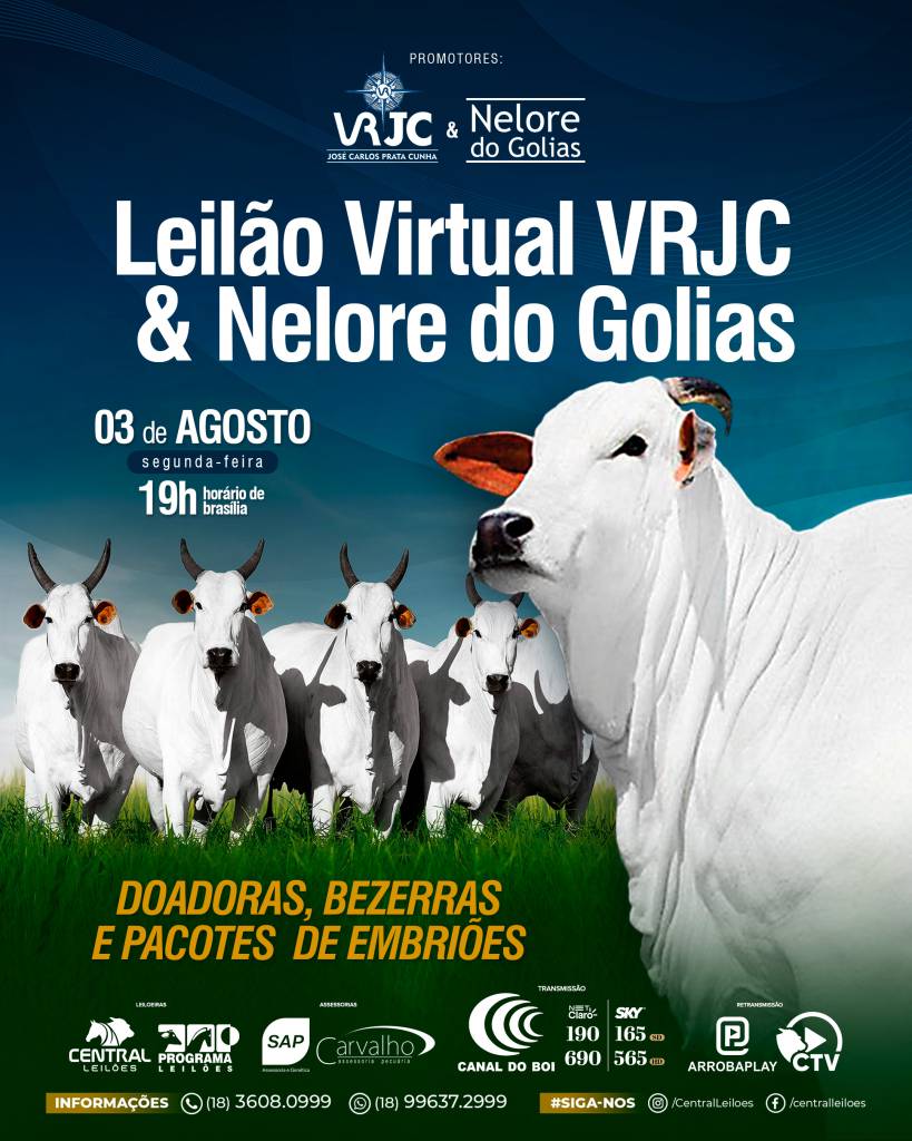 Leilão Virtual VRJC & Nelore do Golias oferta genéticas de elite nesta segunda-feira às 19h20