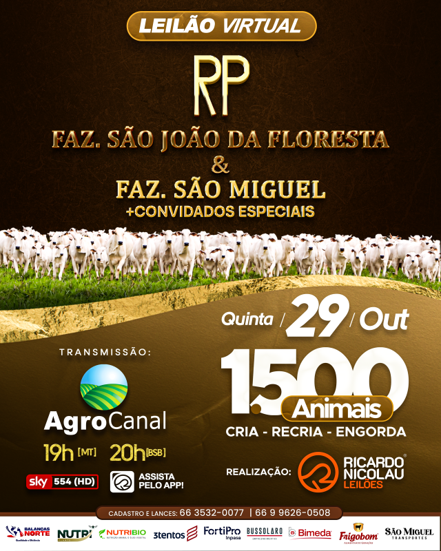 Leilão Virtual RP Faz. São João da Floresta & Faz. São Miguel nesta quinta às 20h no Canal do Boi