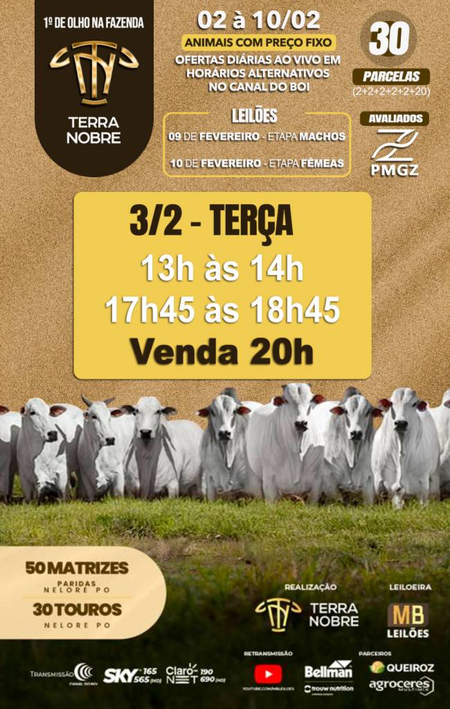 MB Leilões realiza 1º De Olho na Fazenda Terra Nobre hoje em horários alternativos no Canal do Boi